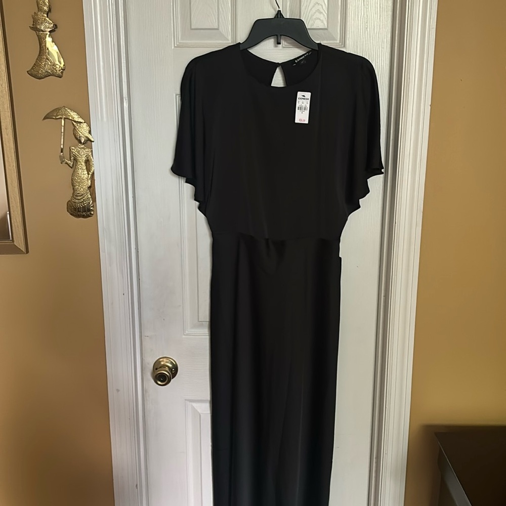 Beautiful A-Line Mid length dress, flutter sleeves, satin material.